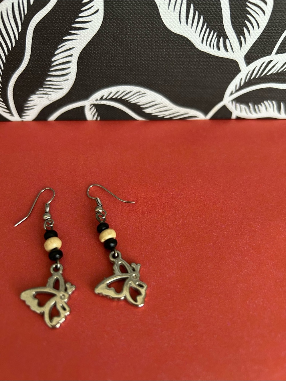 Butterfly Silver Charm Dangle Earrings in Black & Cream